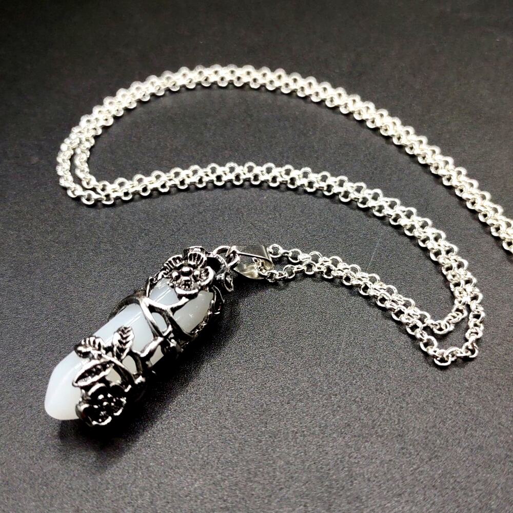 925 Silver Necklace W/ White Quartz Crystal Boho Floral Vine Women's Vtg Gift